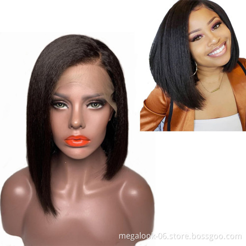 Megalook Brazilian Hair Yaki Short Bob Wig Natural Color Human Hair Wig Kinky Straight 13X4 Lace Front Wig